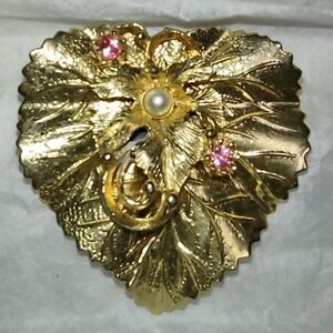 Gold Leaf with Pearl & Pink Rhinestone Crystals Vintage Brooch